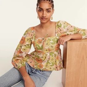 J. Crew squareneck tie front top zinnia floral size 8 cotton long sleeve